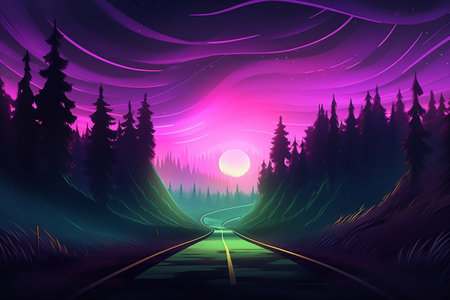 Fantasy landscape with road in the forest at sunset. Vector illustration.の写真素材