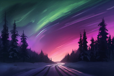 Fantasy landscape with road and aurora borealis in the skyの写真素材