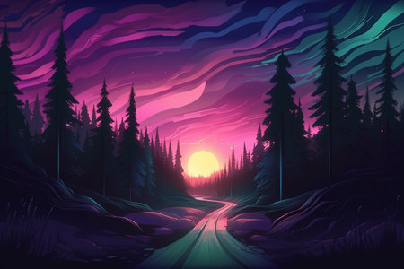 Vector illustration of a road in the forest at sunset in purple tonesの写真素材