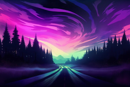 Night landscape with road, forest and purple sky. Vector illustration.の写真素材