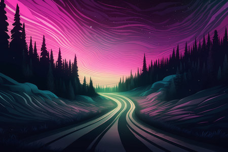 Vector illustration of a road through the forest at night with stars.の写真素材