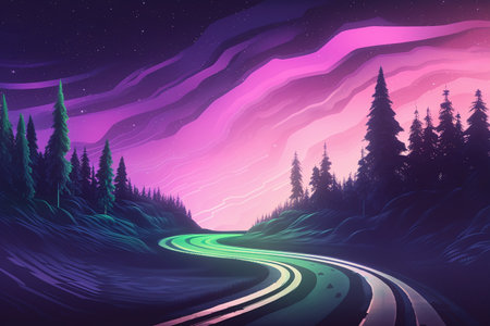 Fantasy landscape with road in the forest at night. Vector illustration.の写真素材