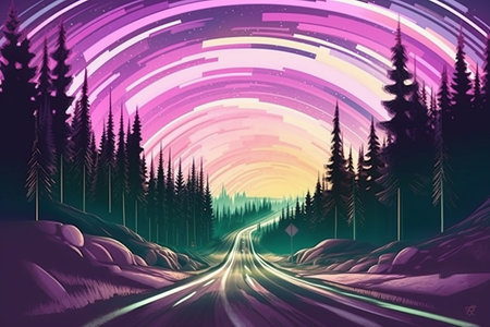 road in the forest with neon lights, 3d illustration, horizontalの写真素材