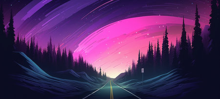 Night landscape with road, trees and purple sky. Vector illustration.の写真素材
