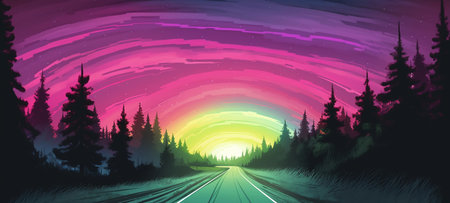 Vector illustration of a road through the forest with a view of the sunsetの写真素材