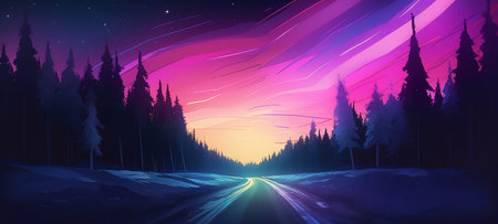 Fantasy night landscape with road, forest and mountains. Vector illustration.の写真素材