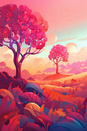 Fantasy landscape with a lonely tree in the meadow. Vector illustration.の写真素材