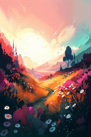 Landscape with flowers and trees. Digital painting. Vector illustration.の写真素材