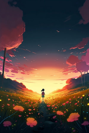 Girl standing on the road in the field with flowers at sunset.の写真素材