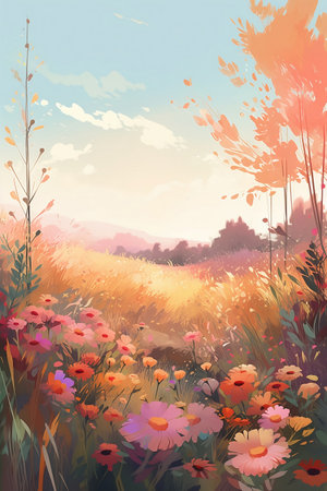 Beautiful summer landscape with meadow and flowers. Vector illustration.の写真素材