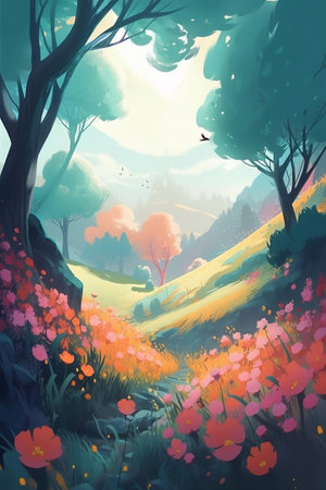 Beautiful spring landscape with blooming meadow and forest. Digital painting.の写真素材