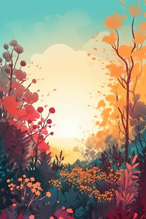 Beautiful autumn landscape with flowers and trees. Colorful vector illustration.の写真素材