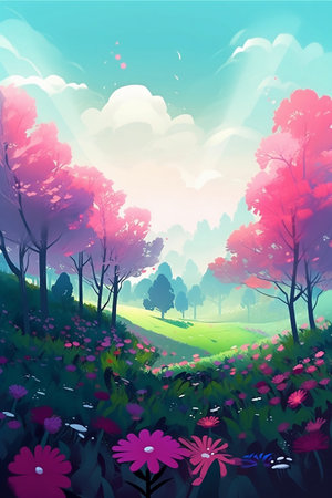Beautiful landscape with colorful flowers in the meadow. Vector illustration.の写真素材