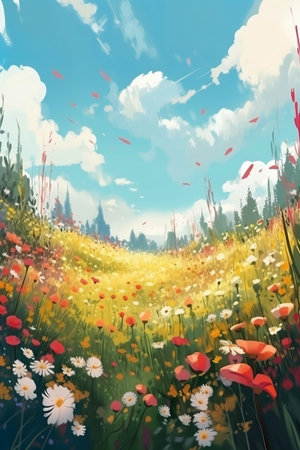 Digital painting of a meadow full of poppies and daisiesの写真素材