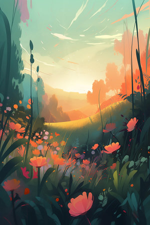 Landscape with meadow and flowers at sunset. Vector illustration.の写真素材