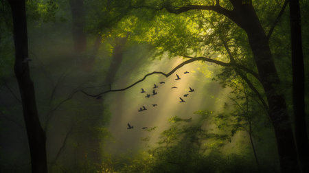 Mysterious foggy forest with flying birds and sunbeamsの写真素材
