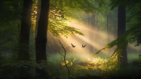 Mysterious foggy forest with birds flying in the morning lightの写真素材