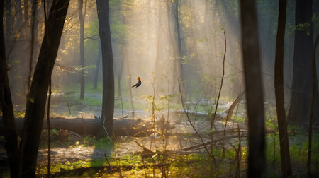 Sunset in the forest in autumn with a bird in the foregroundの写真素材