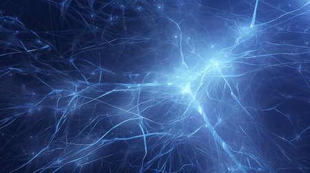 Abstract blue lightning on a dark background, computer generated abstract background, 3D renderingの写真素材