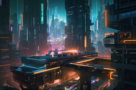 3d rendering of skyscrapers in the city at night.の写真素材
