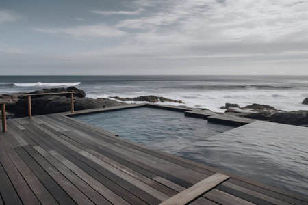 Swimming pool on the edge of a cliff with a view of the oceanの写真素材