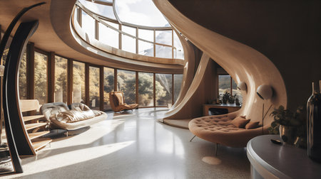 Interior of modern living room with panoramic view on mountains.の写真素材