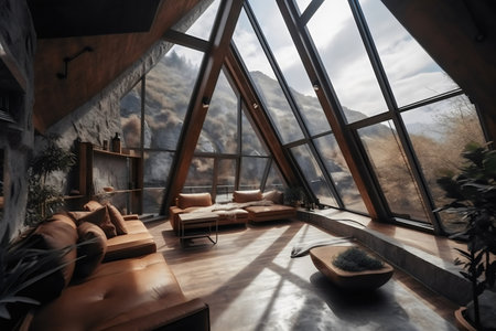 Interior of modern living room with panoramic view on mountainsの写真素材