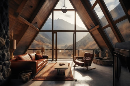 Interior of modern wooden house with mountain view. 3d renderingの写真素材