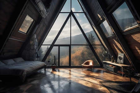 Interior of a modern bedroom with a large window overlooking the mountains.の写真素材