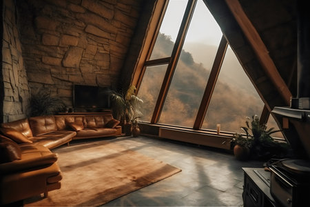 Interior of a loft living room with a large window overlooking the mountainsの写真素材