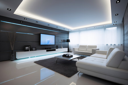 3d rendering of modern living room with tv and sofa in the foregroundの写真素材