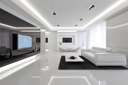 3d render interior of a modern living room with a white sofaの写真素材