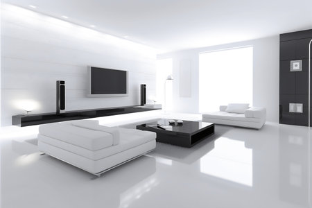 3d rendering of modern white living room with white sofa and tvの写真素材