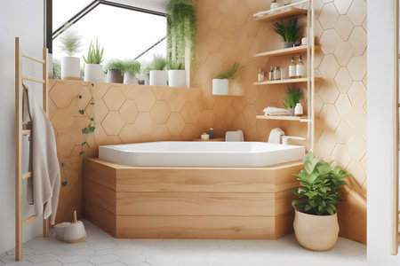 Interior of modern bathroom with beige walls, concrete floor, comfortable bathtub and shelves with towels. 3d renderingの写真素材