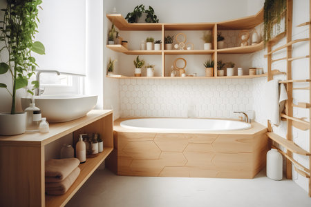 Interior of modern bathroom with white walls, concrete floor, white bathtub and wooden shelves with towels. 3d renderingの写真素材