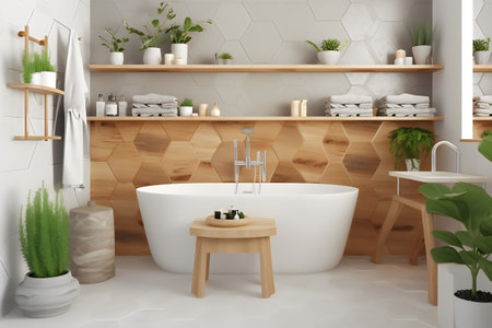 Modern bathroom interior with white bathtub and wooden shelves. 3d renderingの写真素材