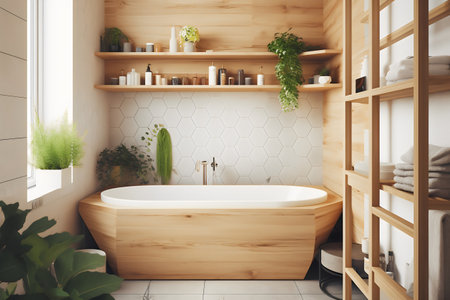 Interior of modern bathroom with wooden walls, tiled floor, comfortable bathtub and shelves with towels. 3d renderingの写真素材