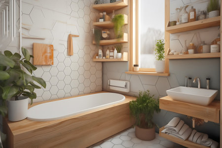 Interior of modern bathroom with white walls, concrete floor, comfortable bathtub and shelves with towels. 3d renderingの写真素材