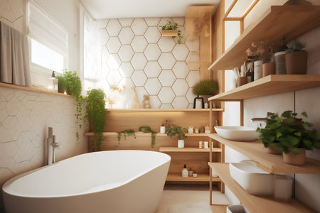 Interior of modern bathroom with white bathtub, wooden shelves and plantsの写真素材