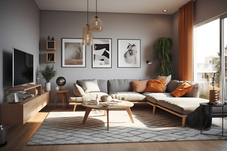 Interior of modern living room with sofa, coffee table and pictures. 3d renderingの写真素材
