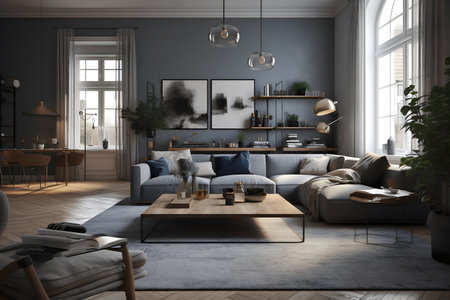Interior of modern living room with gray sofa, coffee table and plants. 3d renderingの写真素材