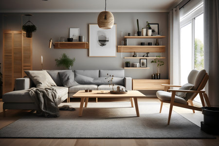 Living room interior with sofa, coffee table and bookshelf. 3d renderingの写真素材