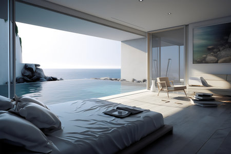 Luxury bedroom with swimming pool and view on the sea. 3d renderingの写真素材