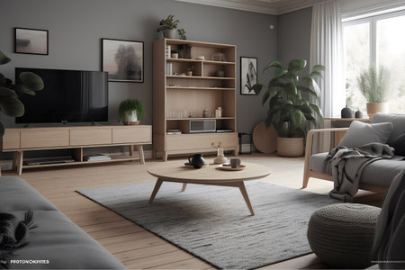 Interior of modern living room 3D rendering image.There are sofa, tv, bookshelf, coffee table and plantsの写真素材