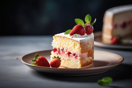 Piece of cake with strawberries and mint on a dark background.の写真素材