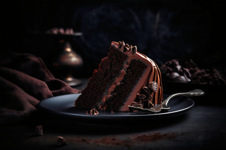 Piece of chocolate cake on a black plate. Selective focus. Toned.の写真素材