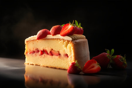 Strawberry cheesecake with fresh strawberries on black background with copy spaceの写真素材
