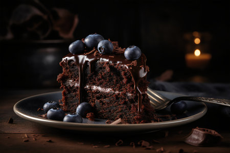 Slice of chocolate cake with blueberries on plate on wooden tableの写真素材