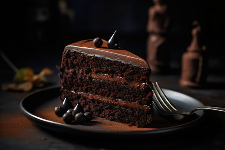 Chocolate cake with cherry on a dark background. Selective focus.の写真素材
