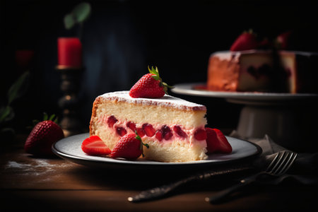 cheesecake with strawberries on a dark background. tinting. selective-focusの写真素材